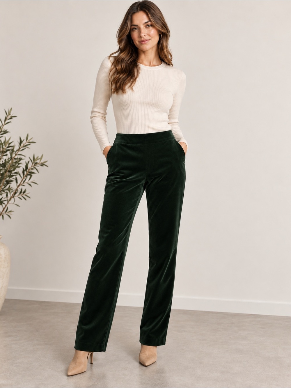 ZARA Women’s Dark Green Velvet Pants Size XS – Solid High-Rise Straight Leg